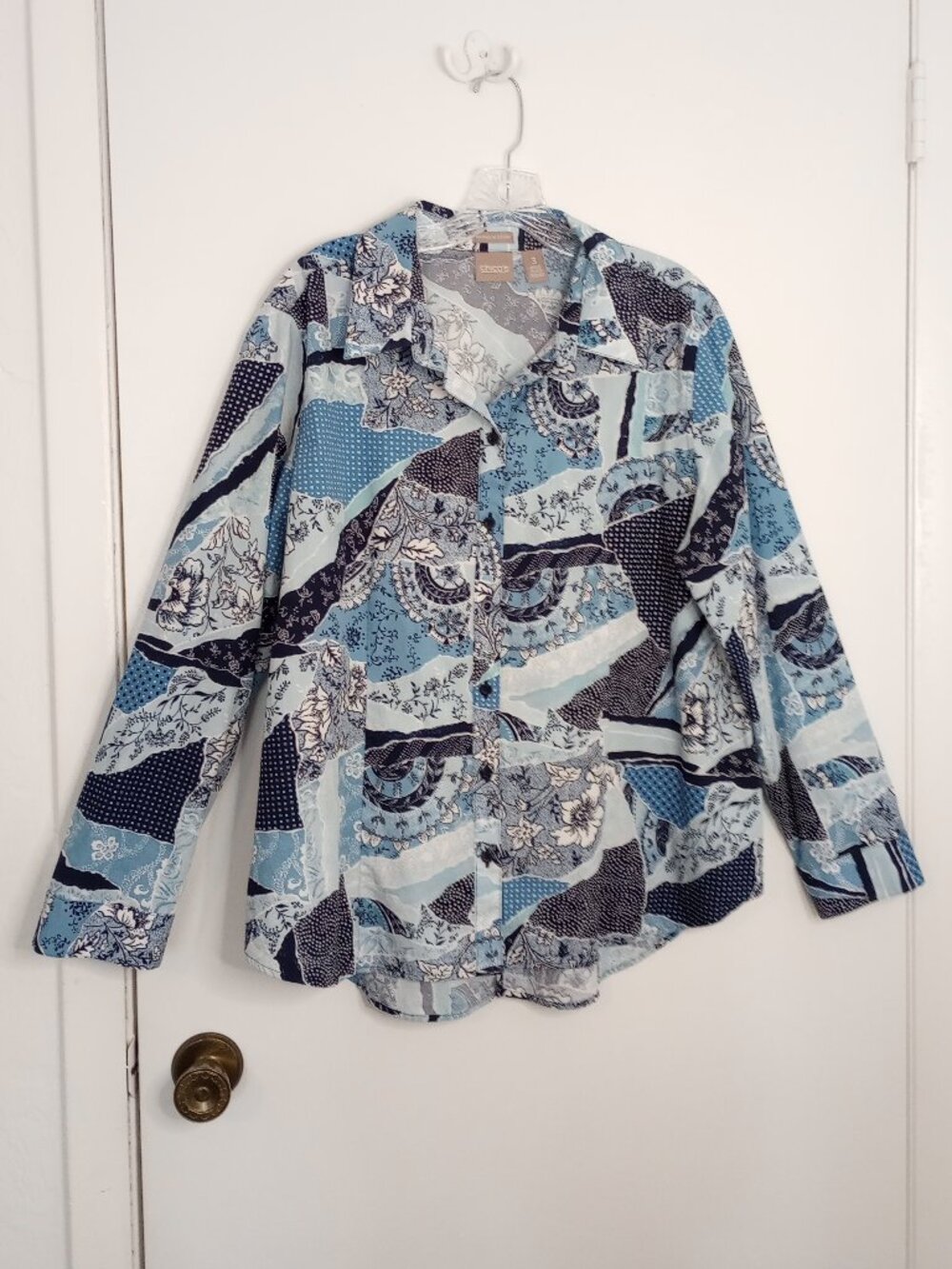 Chico's Blue Bandana Print Button Front Cotton Shirt Sz 3